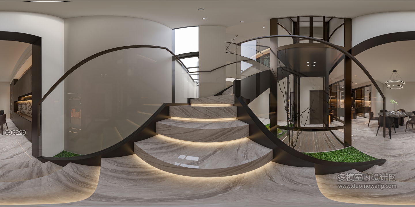 现代别墅负一上一楼楼梯间全景1