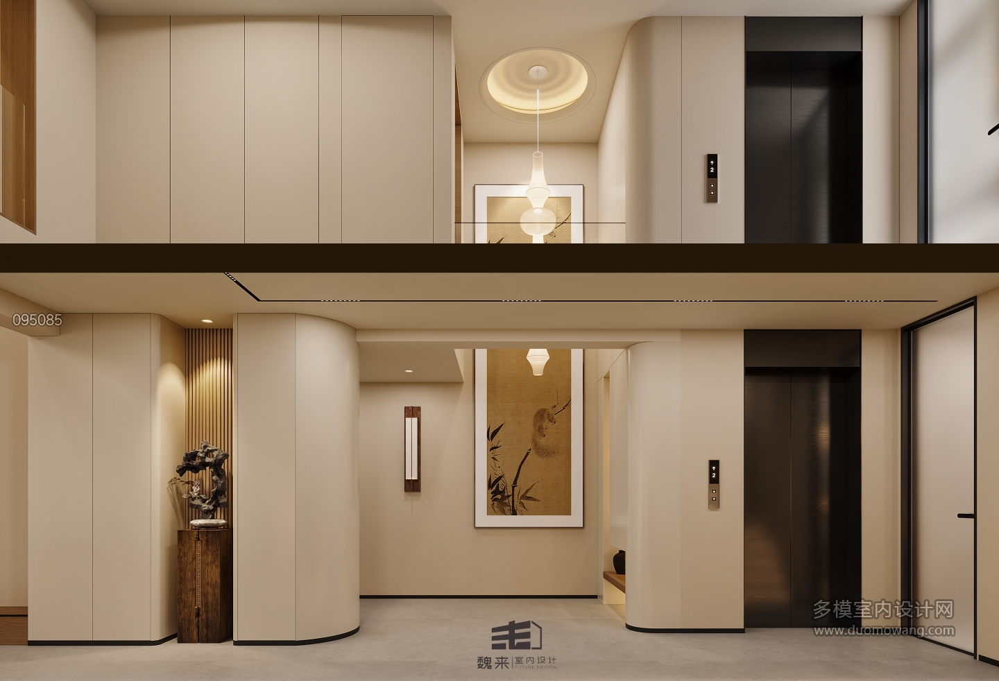 负二层宋代中式电梯间特写