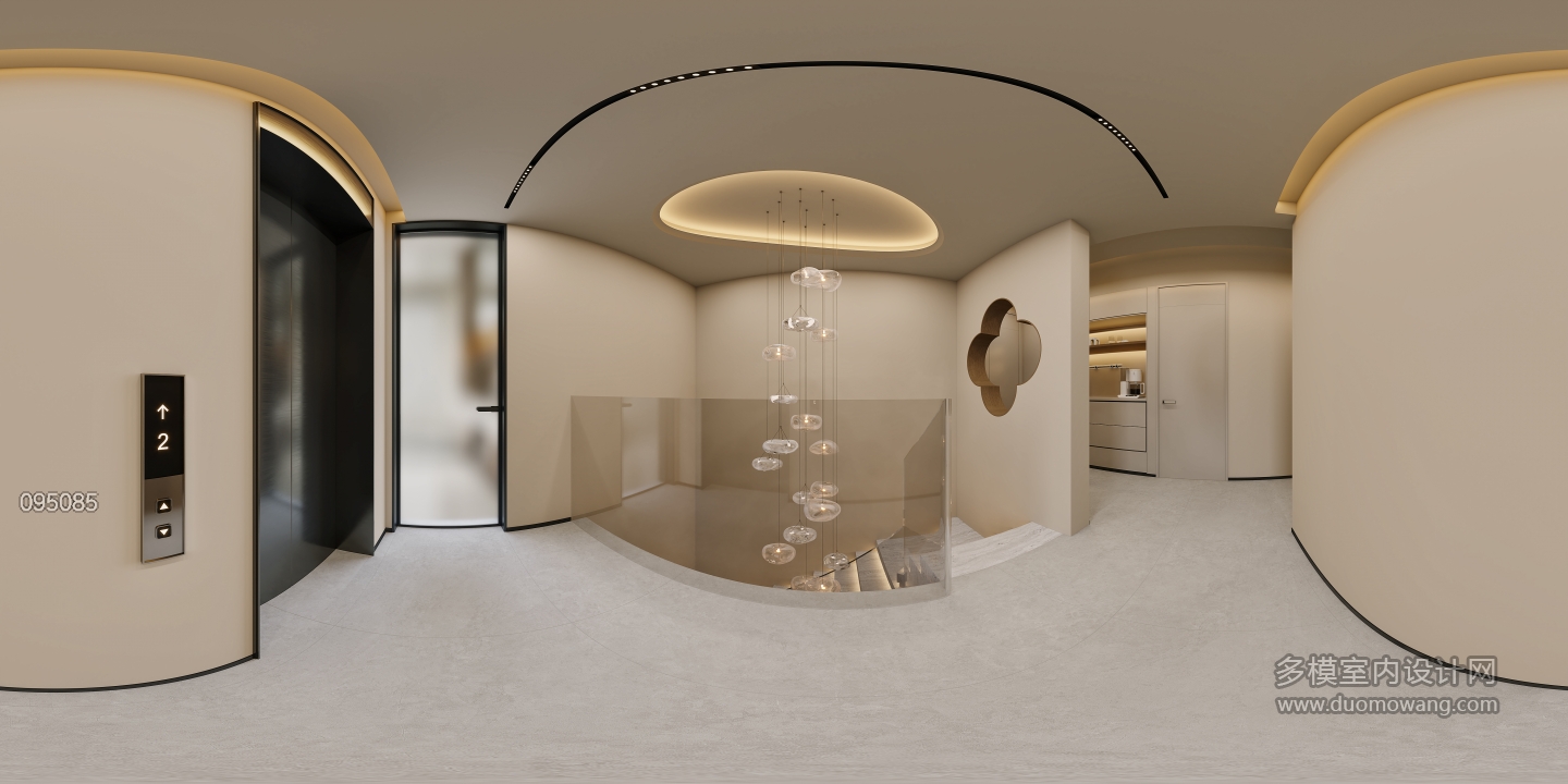 二层宋代中式楼梯间全景