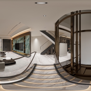 现代别墅负一上一楼楼梯间全景2