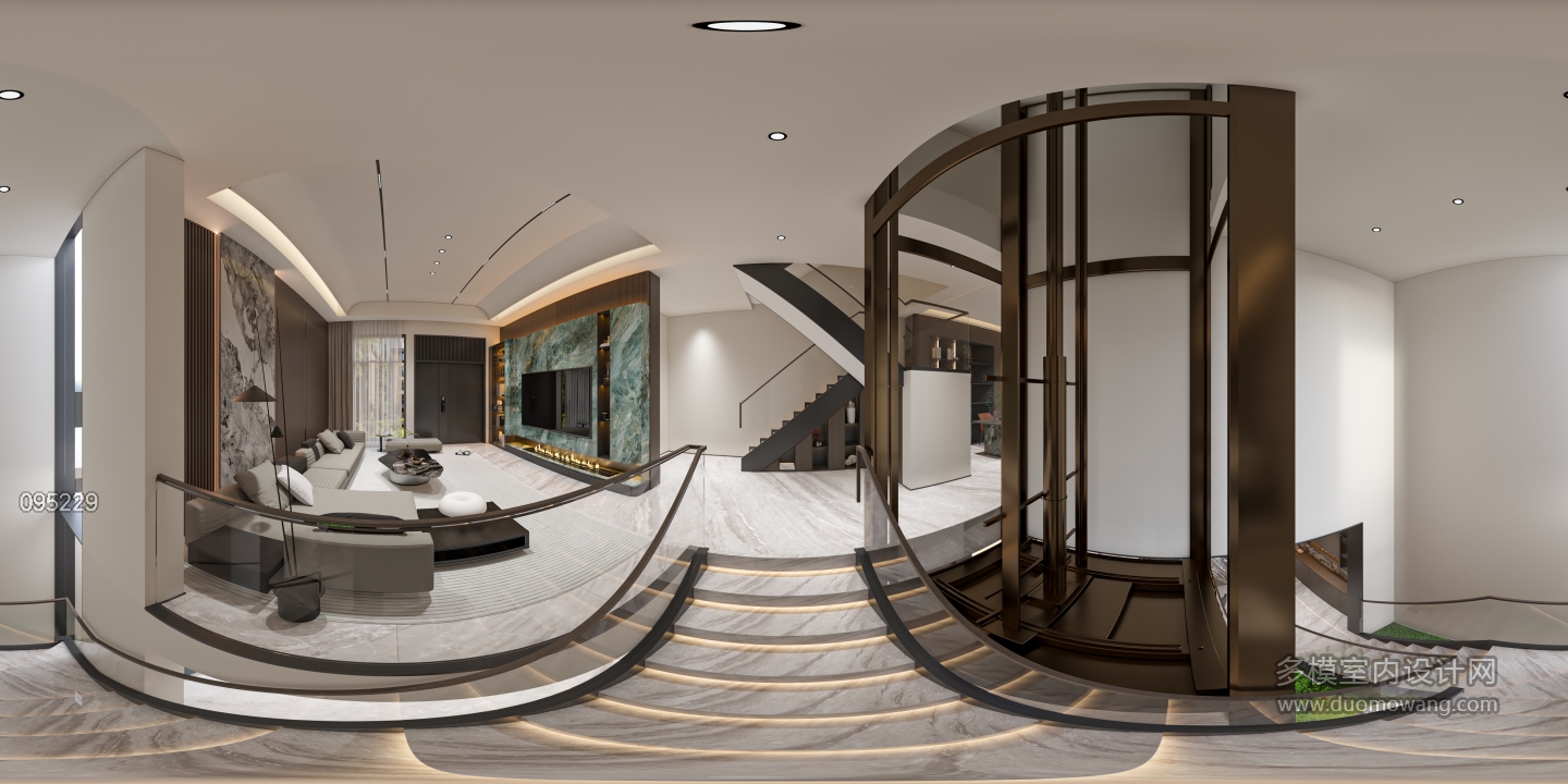 现代别墅负一上一楼楼梯间全景2