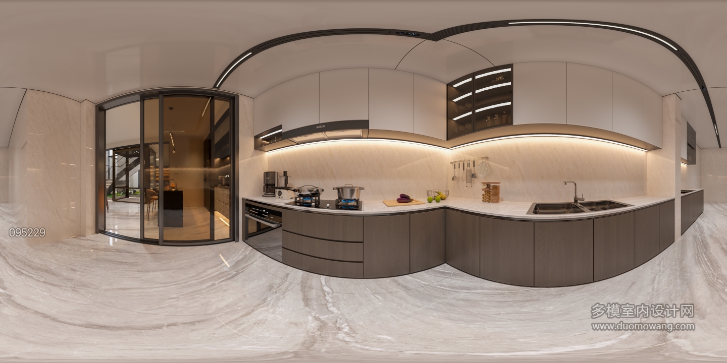现代别墅负一厨房全景