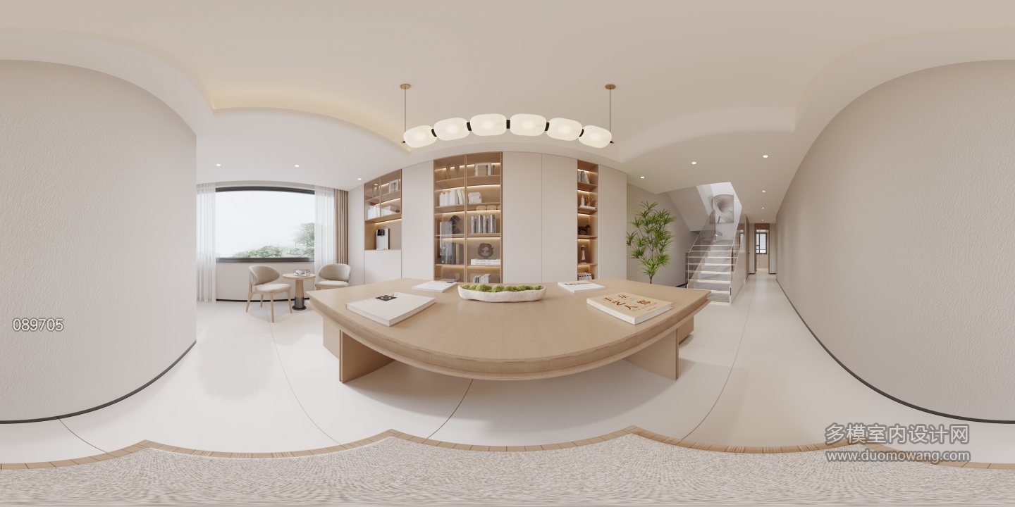 现代奶油书房全景