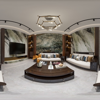 新中式别墅一楼客厅全景