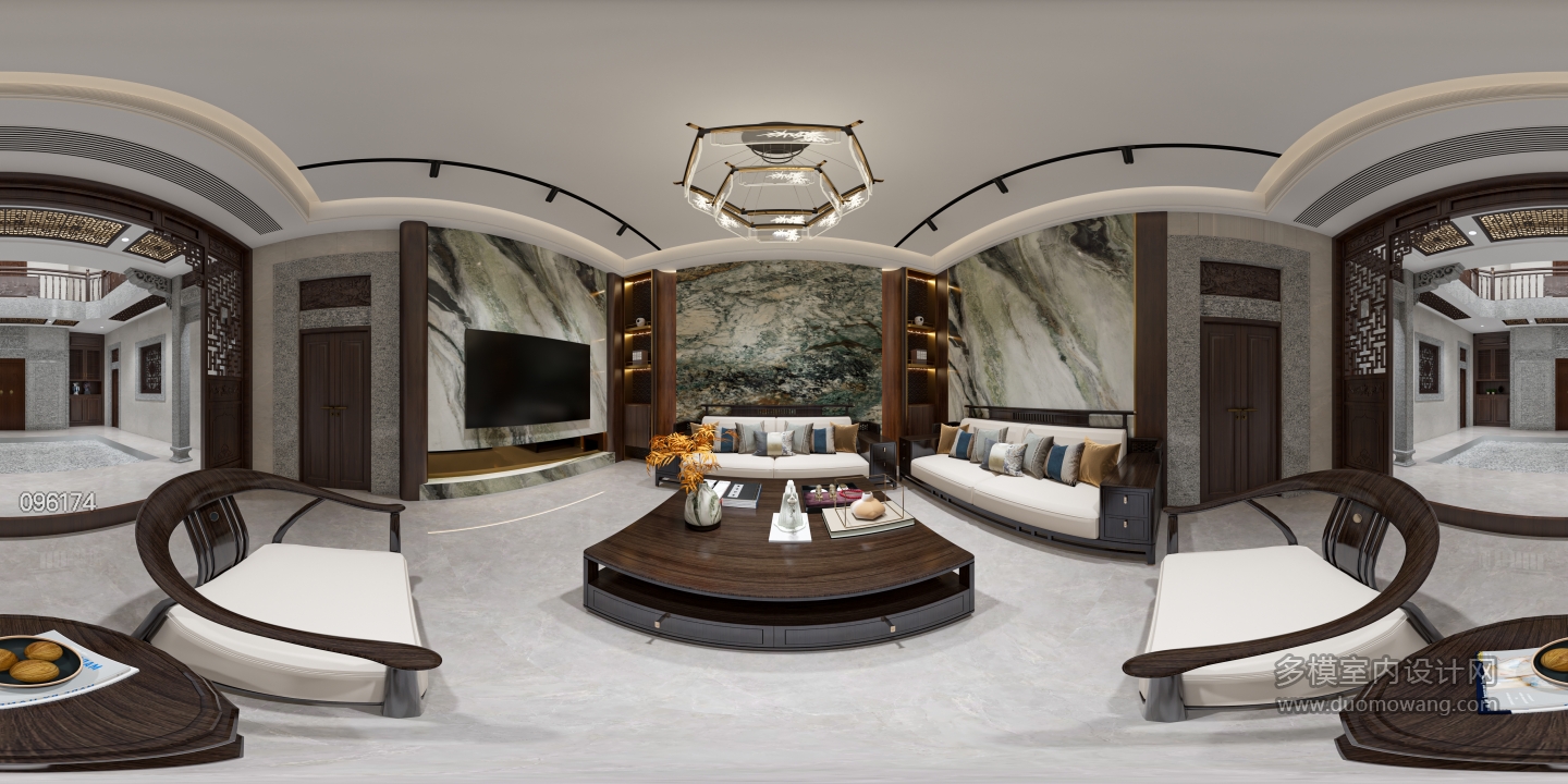 新中式别墅一楼客厅全景