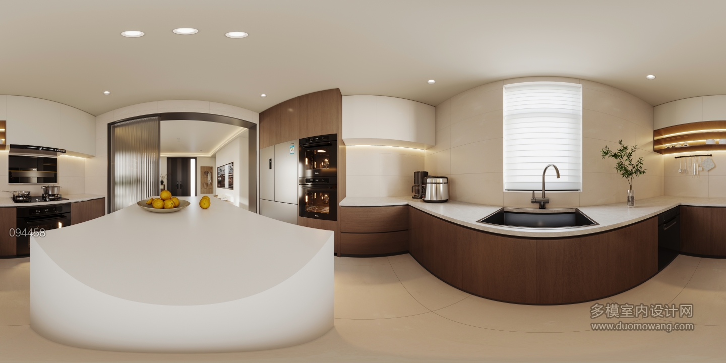 现代奶油一层厨房全景