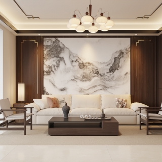 新中式客餐厅沙发墙