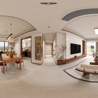 新中式一层客餐厅全景