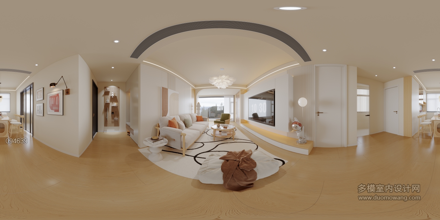 现代奶油原木客厅全景