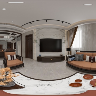 新中式别墅二楼客厅全景