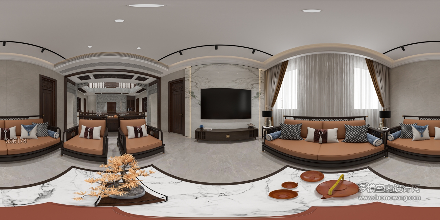 新中式别墅二楼客厅全景