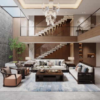 新中式负二层客厅特写B