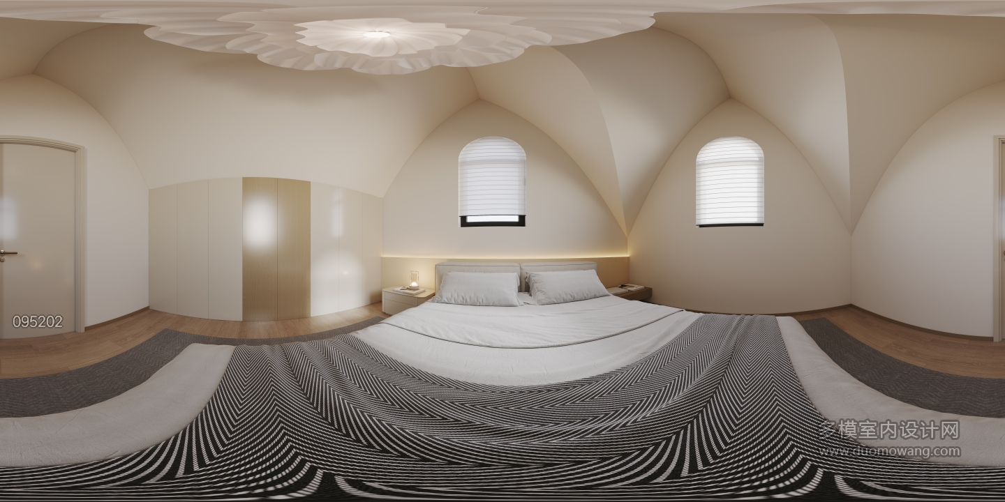 现代奶油卧室全景