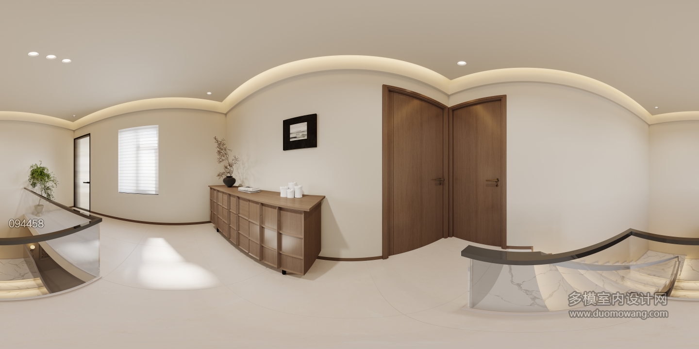 现代奶油二层楼梯间全景