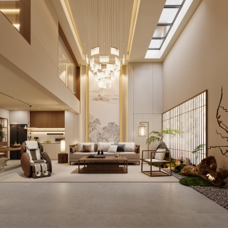 新中式负二沙发背景特写