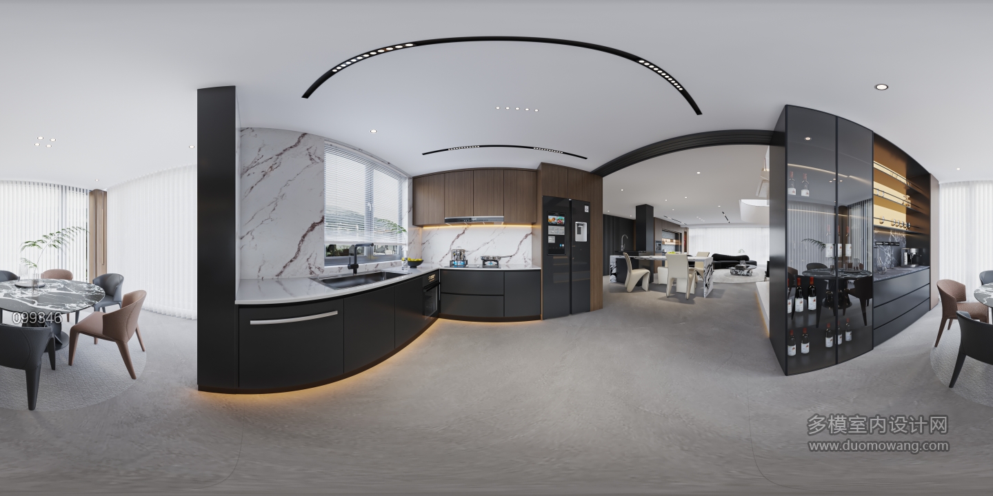 现代别墅一楼厨房全景
