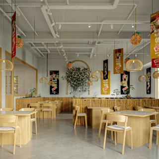 现代原木风火锅店大厅静态1