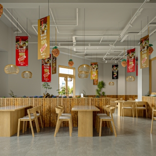 现代原木风火锅店大厅静态2
