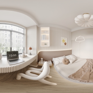 现代奶油小孩房全景
