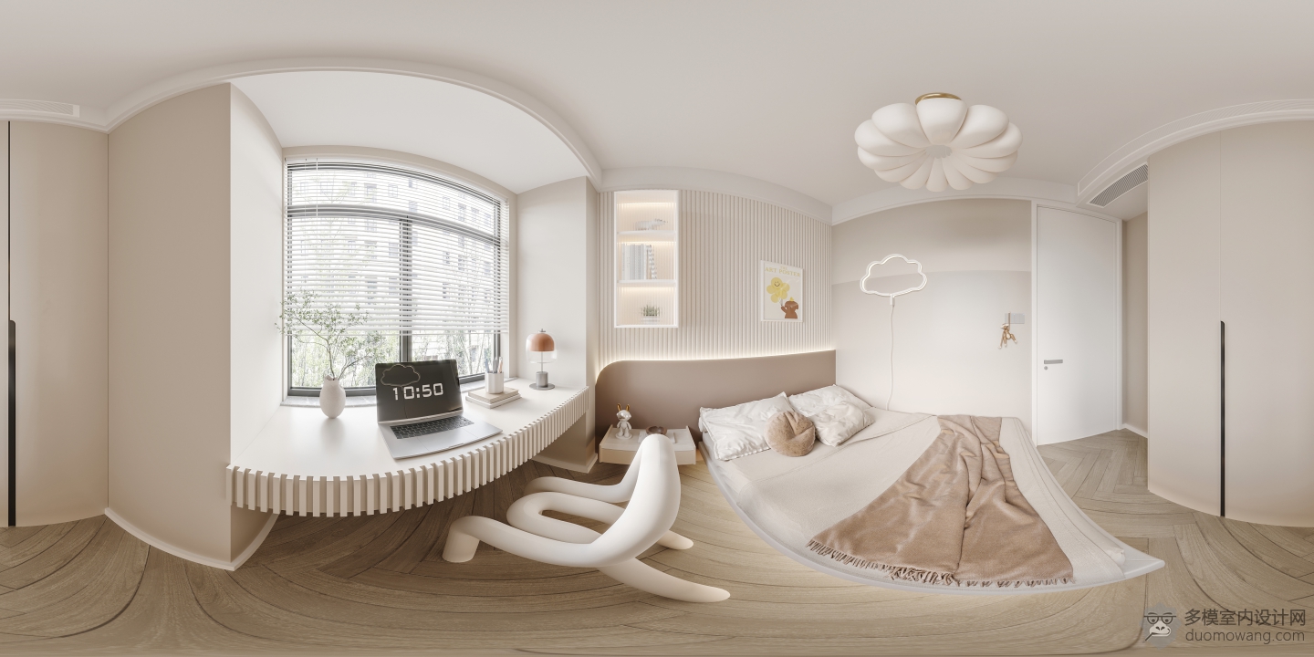 现代奶油小孩房全景
