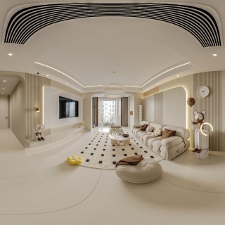 现代奶油客餐厅有主灯全景