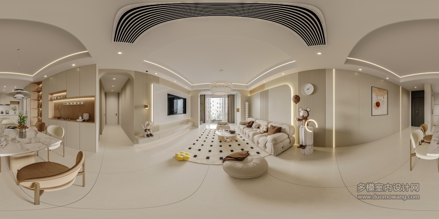 现代奶油客餐厅有主灯全景