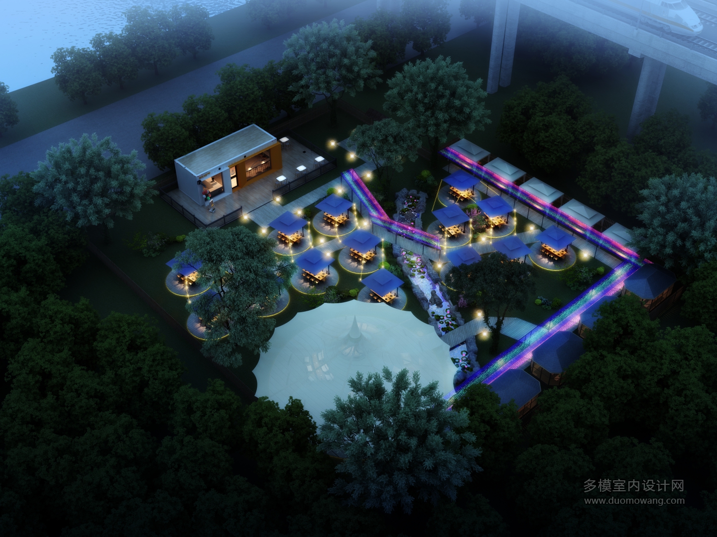 庭院景观鸟瞰夜景