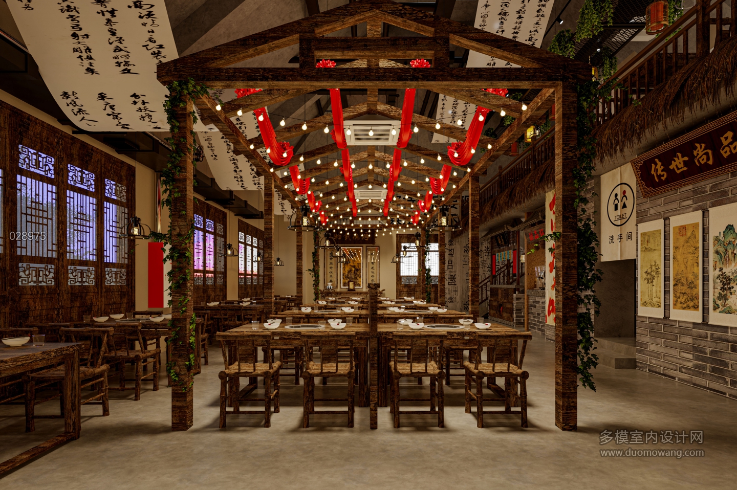 复古风火锅店一层用餐区