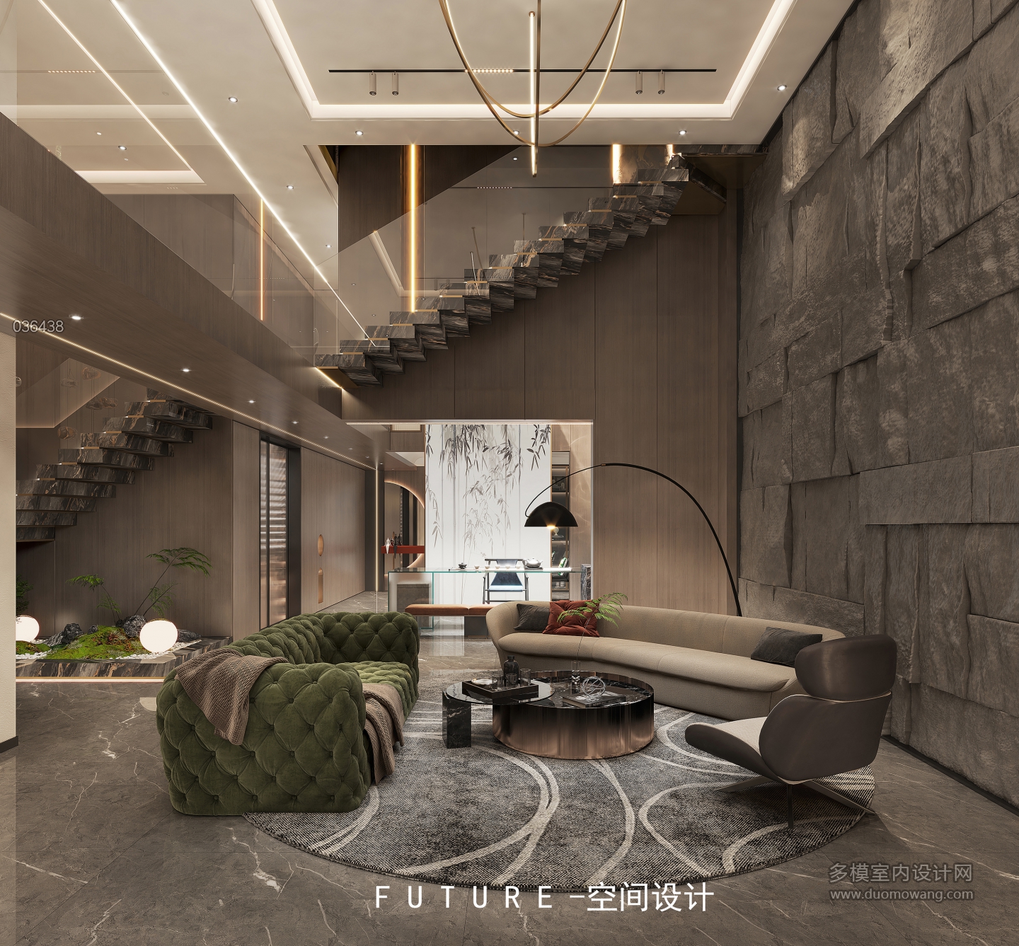 现代负二层客厅沙发背景