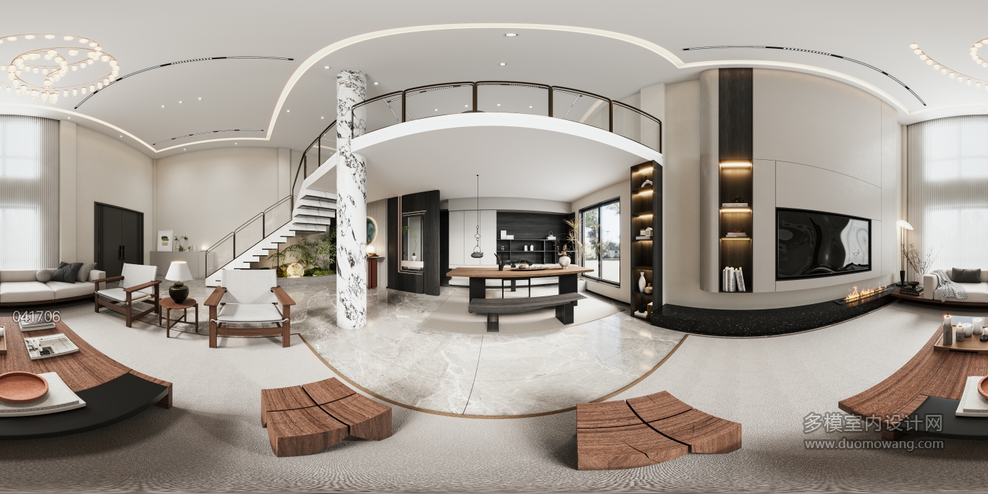 现代轻奢挑空客餐厅全景