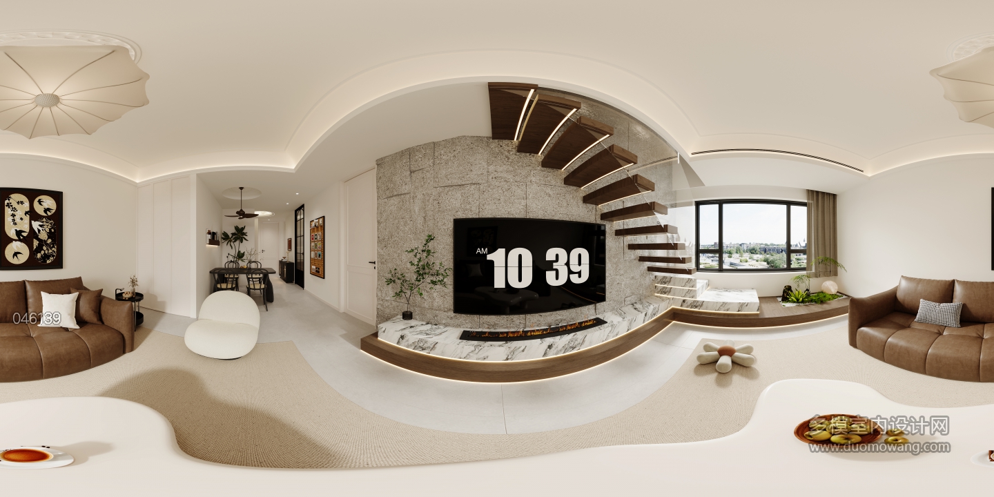 中古风侧楼梯-客厅全景