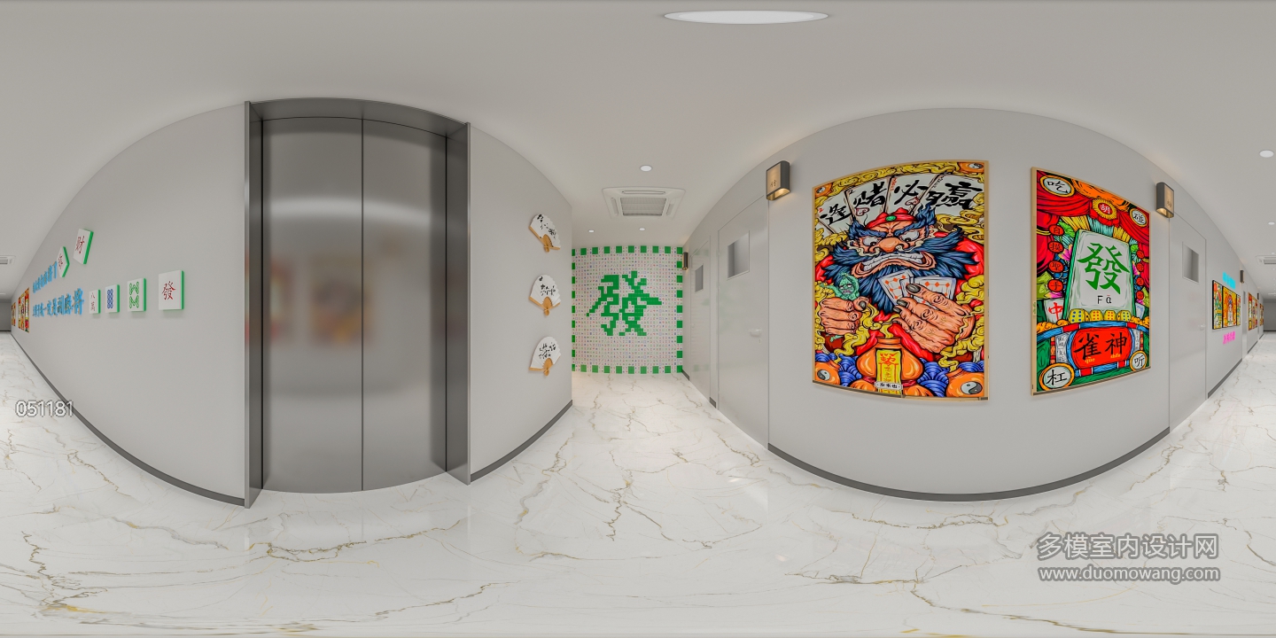 新中式棋牌室过道全景